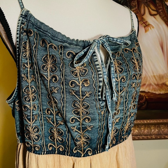 Bohemian Western Blue and Caramel Midi Dress Embroidered Denim Lace Sz Large NWT - Picture 3 of 7